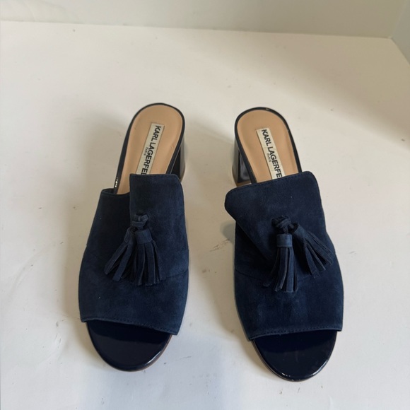 Karl Lagerfeld Paris Hettie Blue Tassel Slide Heels. Size 8 - Picture 2 of 16